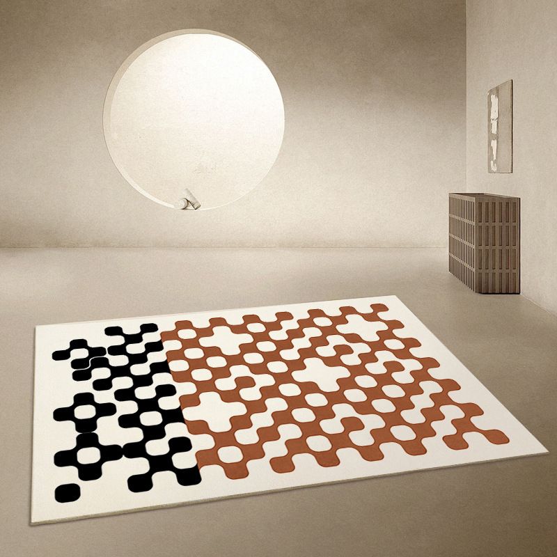 Black Contemporary Rug Polyester Grid Pattern Rug Non-Slip Backing Rug for Home Decor