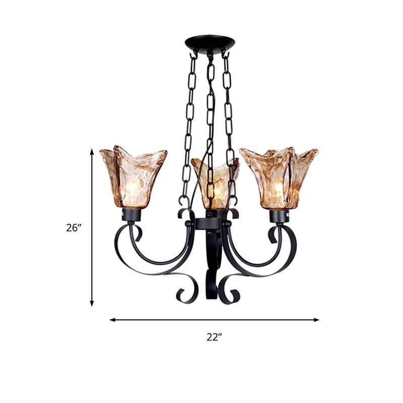 3/6/8 Bulbs Ceiling Lamp Scroll Amber Glass Classic Living Room Chandelier Pendant Light with Flower Shade
