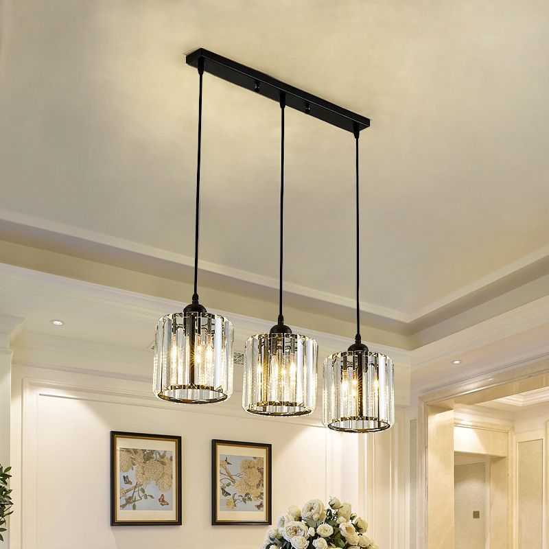 Modern Pendant Lighting Fixture Black Cylindrical Suspension Light with Crystal Shade