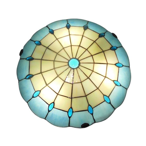12"/16"/19.5" Wide Bedroom Ceiling Light Tiffany Blue Dome Shade Flush Mount Light with Jewel Decoration
