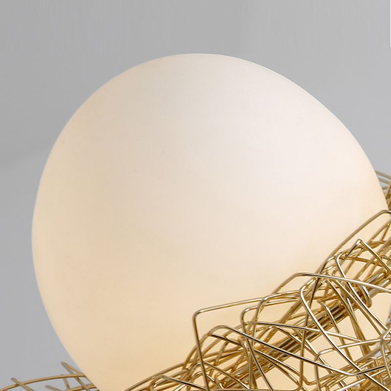 3 Lights Study Room Ceiling Chandelier Gold Hanging Lamp Kit with Egg White Glass Shade and Aluminum Bird Nest