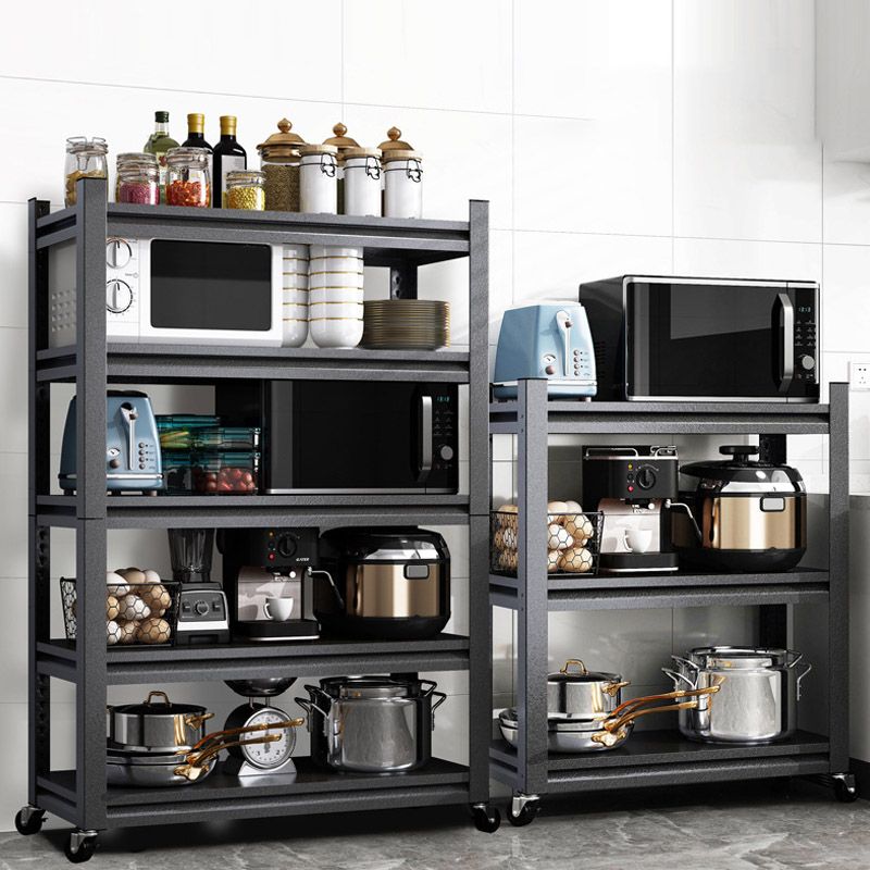 Rolling Open Shelves Kitchen Trolley Metal Prep Table in Black