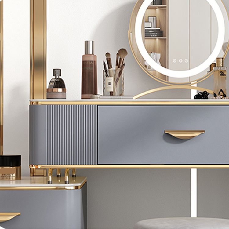 Solid Wood Drawers Vanity Set with Stone Top & Padded Stool in Grey