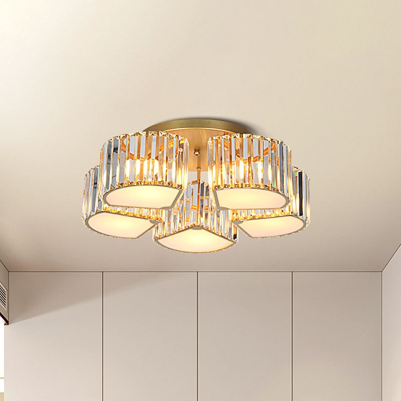 5/7-Head Semi Flush Mount Light with Shell/Square Shade Crystal Modernism Dining Room Ceiling Light Fixture in Gold
