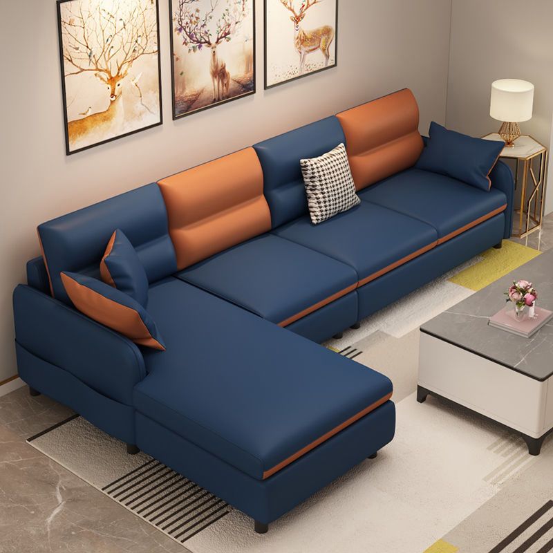 Vintage 4-seat Faux Leather Sofa & Chaise Square Arm Sewn Pillow Back Sofa