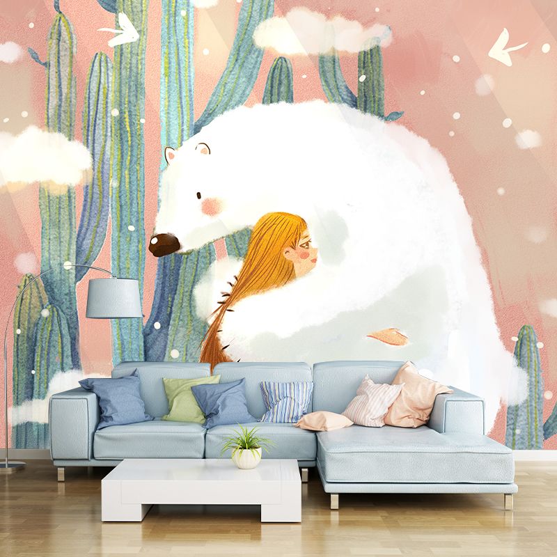 Bear and Girl Hug Mural Artistic Non-Woven Material Wall Decor in Pink and White