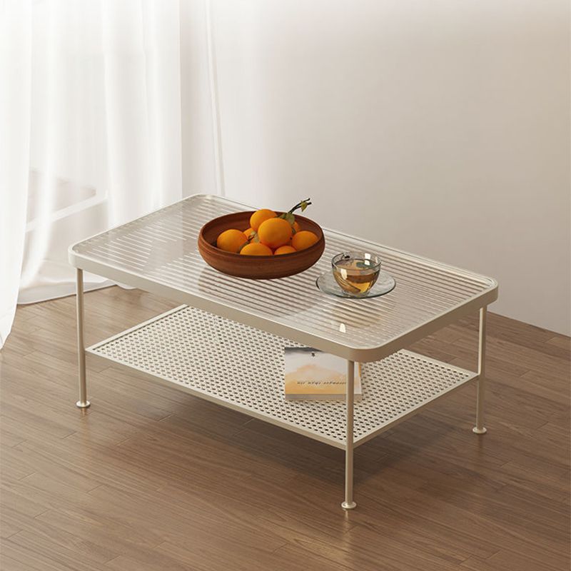 4 Legs Coffee Table Contemporary Glass Top Coffee Cocktail Table with Shelf
