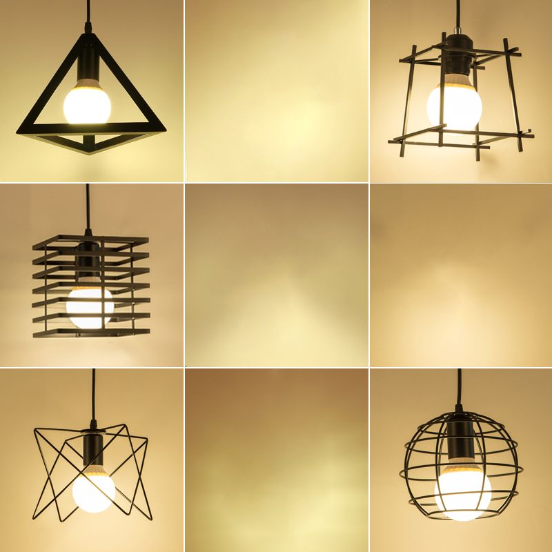 Industrial Cage Pendant Lighting 1-Light Metal Drop Lamp in Black for Restaurant