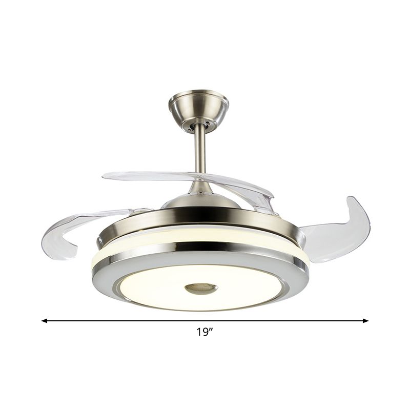 Circular Semi Flush Light Fixture Simple 19" Wide LED Bedroom Ceiling Fan Lamp Fixture in Silver, 4 Blades