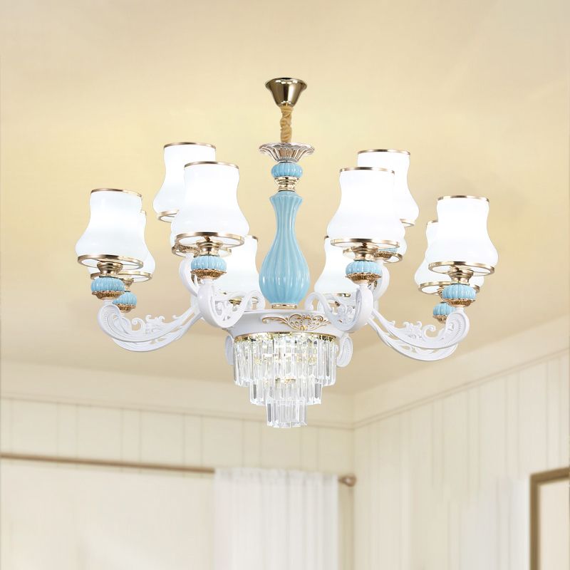 Bud Shade Bedroom Chandelier Lighting Classic Cream Glass Blue Pendant Light with Tiered Crystal Accent