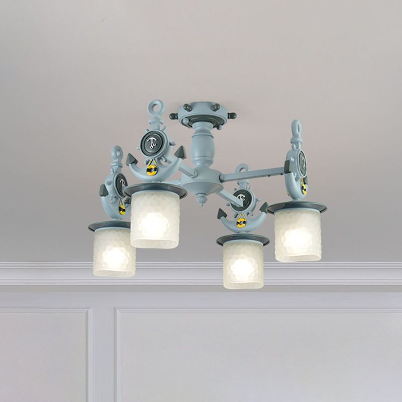 Cylinder Ceiling Light Fixture Modernist Frosted Dimpled Glass 4 Bulbs Nursery Semi Flush with Anchor Design in Blue