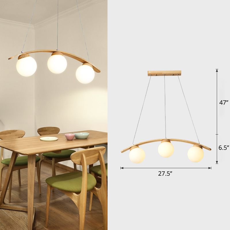 Arc Island Ceiling Light Nordic Wooden 3-Head Dining Room Hanging Lamp with Ball White Glass Shade