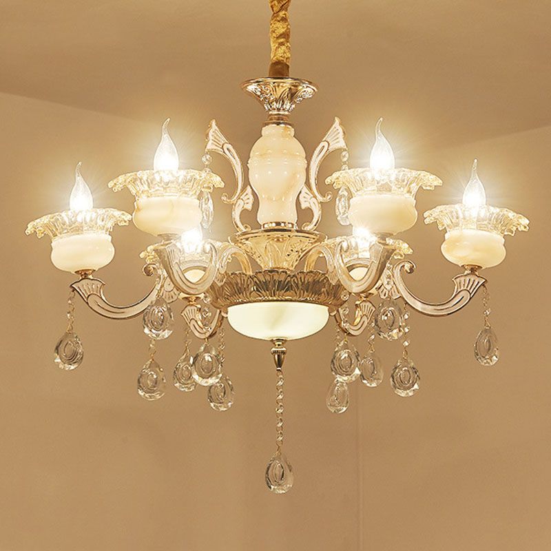 Gold Petal Chandelier Lamp Contemporary Jade Suspension Light with Crystal Draping