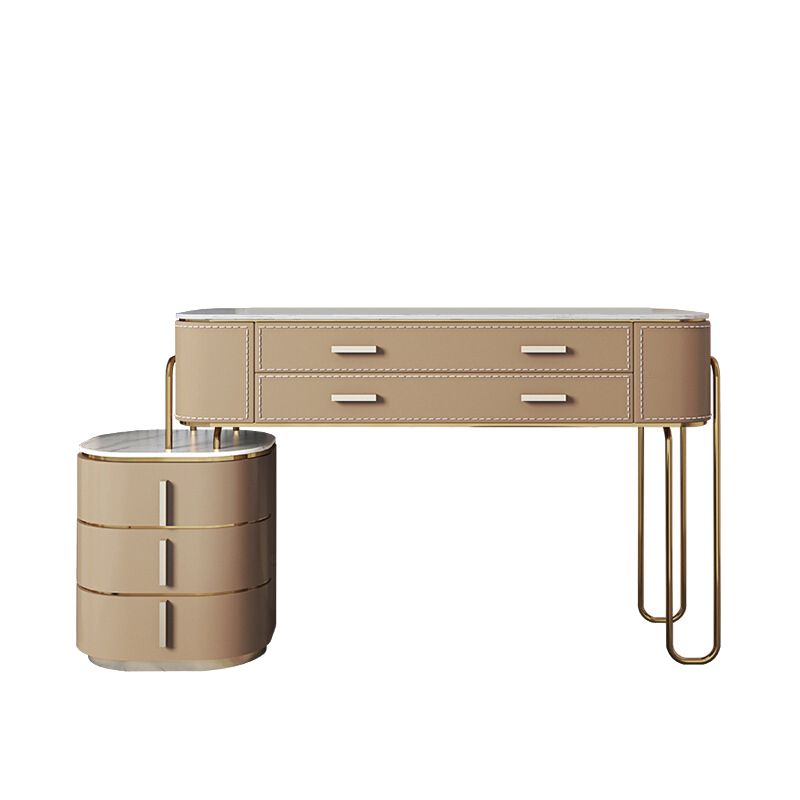 Mirrored Makeup Dressing Table Luxurious Stone Top Stool Set in Brown