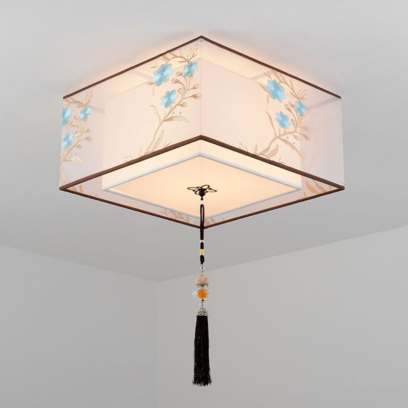 White Geometric Flush Mount in Traditional Concise Style Wrought Iron Ceiling Light with Fabric Shade