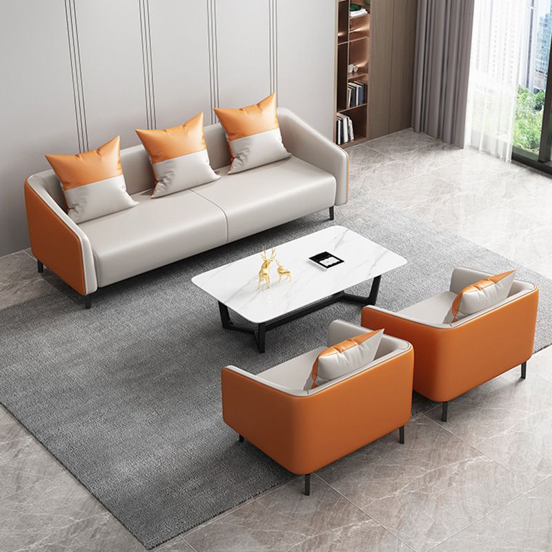 Contemporary Orange Sofa Faux Leather Tuxedo Arm Sofa with Pillows for Apartment