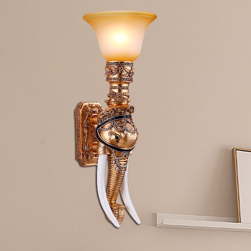 Golden Elephant Sconce Lamp Colonial Style Resin 1 Bulb Corridor Wall Lighting with Amber Glass Bell Shade