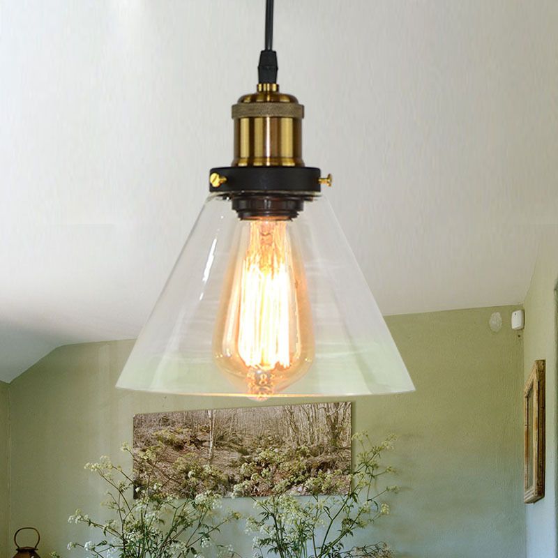 Single Clear Glass Pendant Light Fixture Rural Brass Conic Shade Kitchen Hanging Ceiling Light