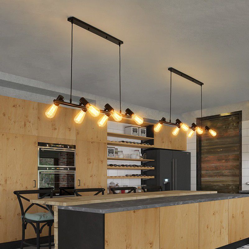 Black Industrial Pendant Light Linear Shape Island Light with Metal Shade for Living Room