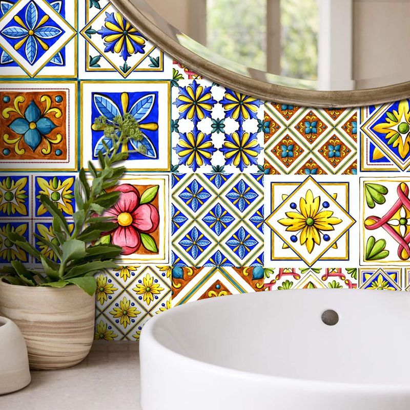 Flowers Tile Stick Wallpaper Panels Bohemia Exotic Seamless Pattern Wall Decor in Yellow-Blue, 8.6-sq ft