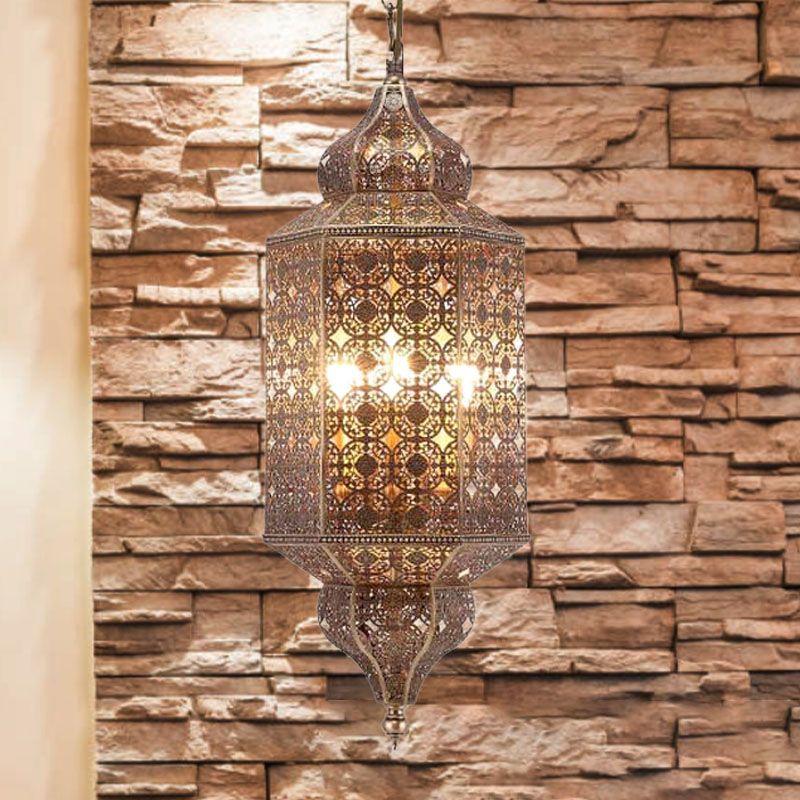 Brass Finish 1 Bulb Pendant Antiqued Metallic Lantern Hanging Light Fixture for Restaurant