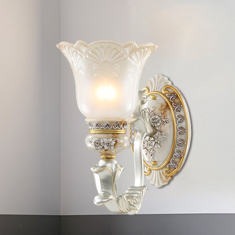 White-Gold Floral Wall Lamp Kit Retro Style Frosted Glass 1/2-Hoofd Living Room SCONCE LICHT
