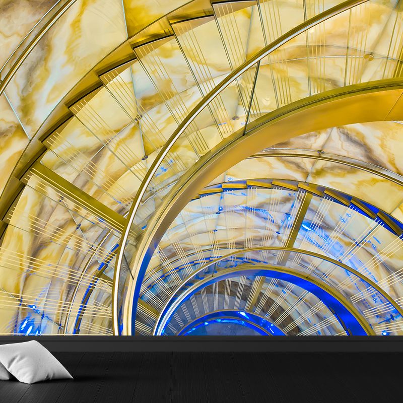 Non-Woven Washable Mural Modern Third Quarter Spiral Staircase Wall Art in Yellow