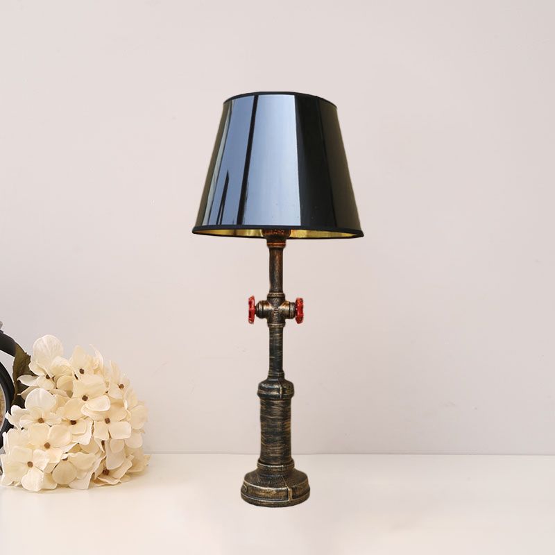 Industrial Style Pipe Table Light with Tapered Shade and Valve 1 Light Table Lamp in Black for Indoor