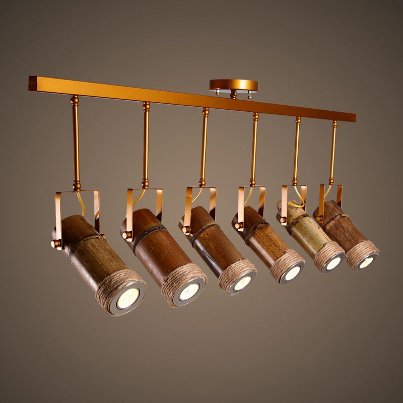 3/6 Bulbs Bamboo Tube Island Pendant Factory Brown Iron Suspension Lighting with Natural Hemp Rope