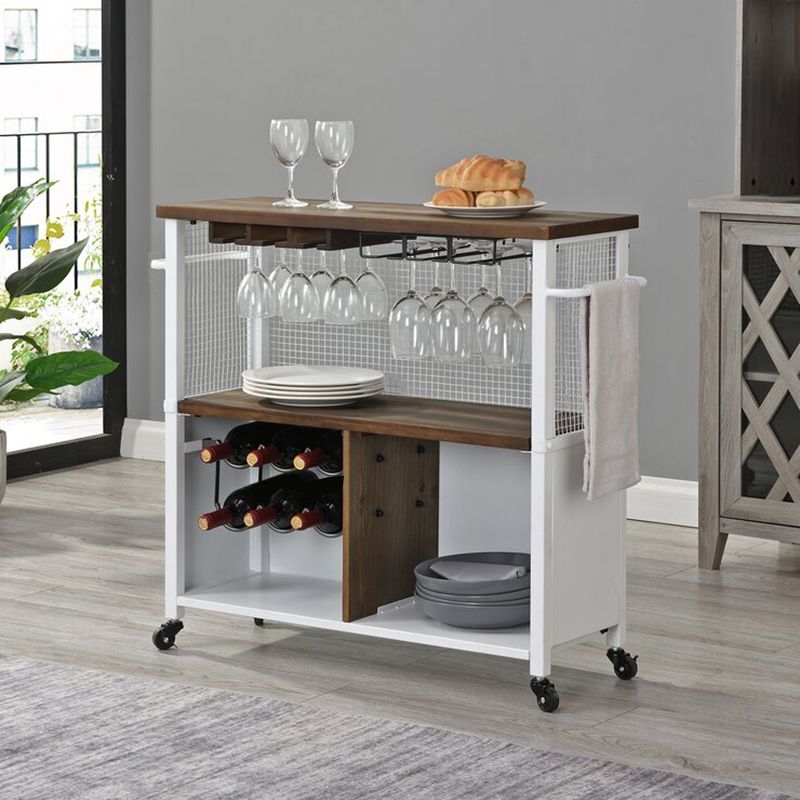 Modern Rolling Kitchen Cart Wood Rectangular Kitchen Island Cart with Wine Rack
