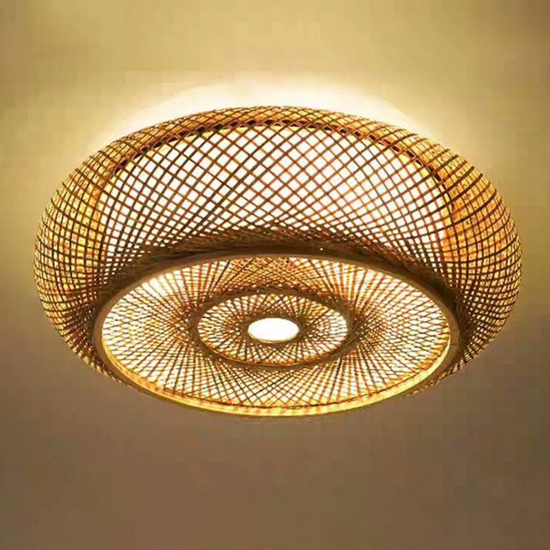 Circulaire Flush Mount Light Fixture Asian Rattan Flush Mount Lamp in Light Beige Finish