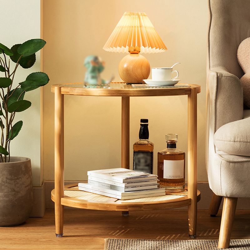 Asian Style Accent Side Table Wood and Glass with Storage and Shelf Corner Table
