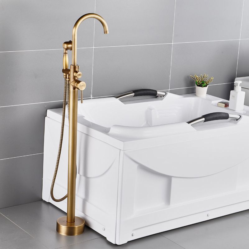 Floor Mounted Copper Bathroom Tub Faucet Set Freestanding High Arc Tub Filler Trim