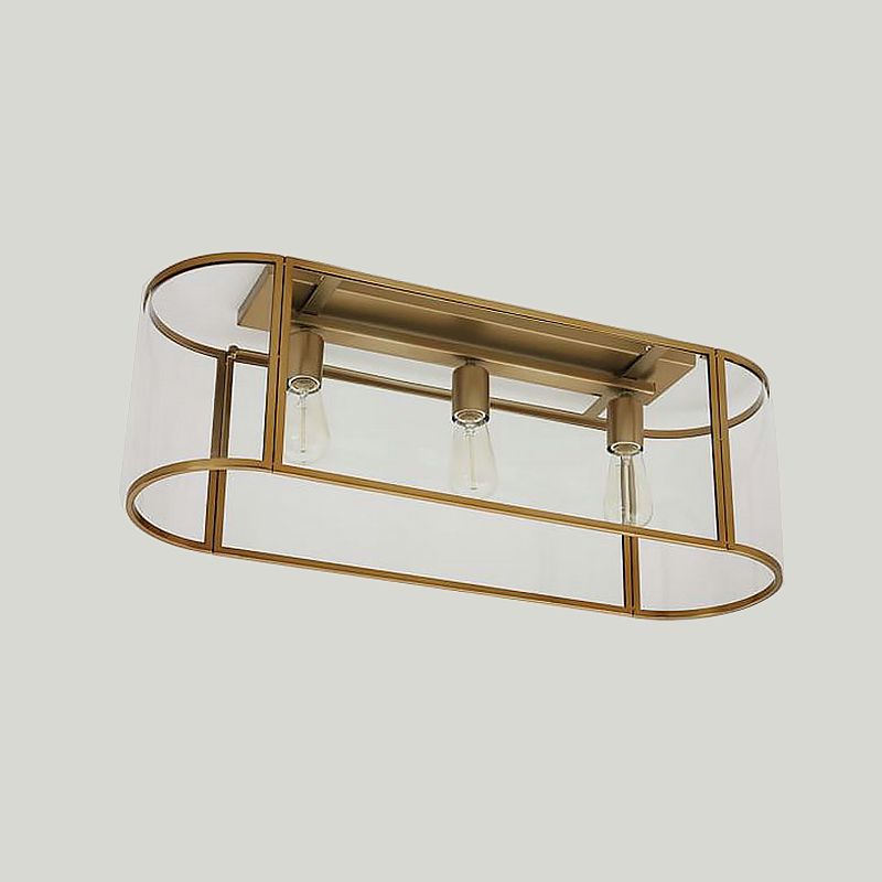 3 Heads Flush Light Warehouse Corridor Metal Flush Mount Lighting with Oval Clear Glass Shade in Black/Gold