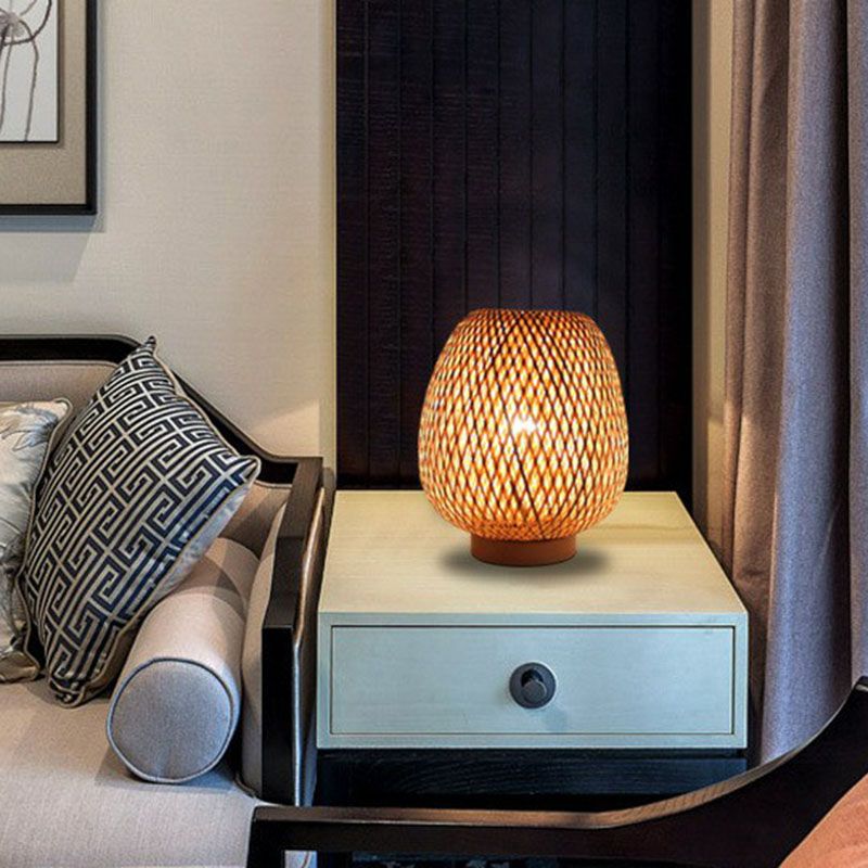 Lantern Nightstand Lamp Contemporary Handwoven Bamboo Single-Bulb Restaurant Table Light in Wood