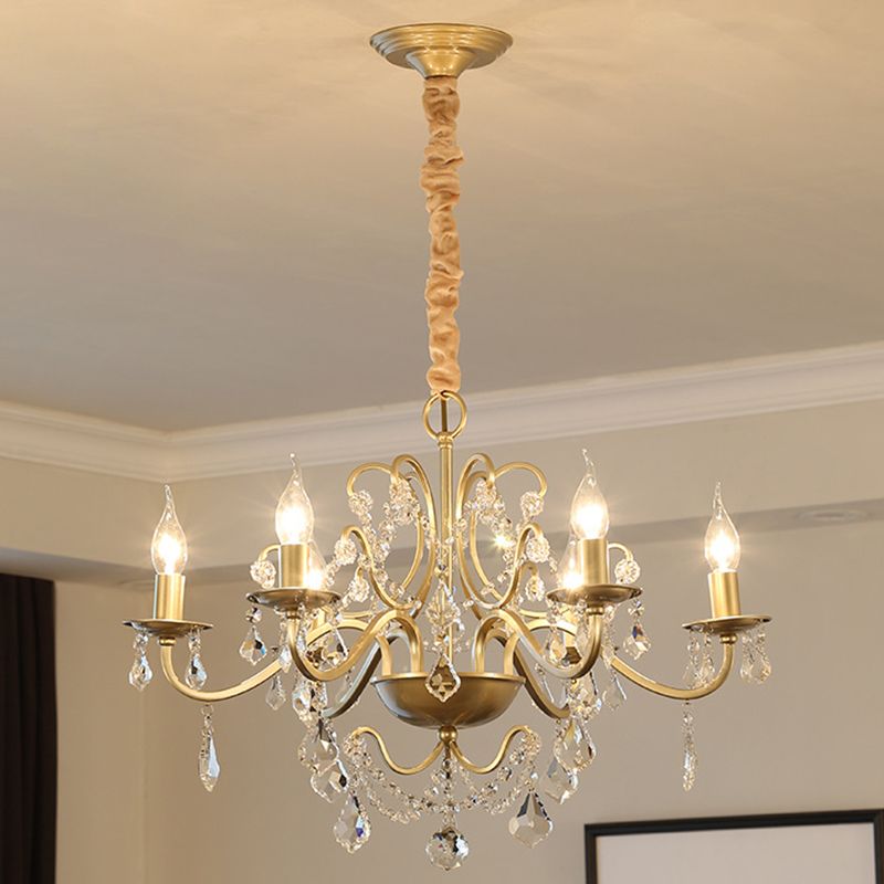 Clear Crystal Pendant Lamp with Candle Lamp Holder Vintage Country Style Chandelier Lighting in Gold