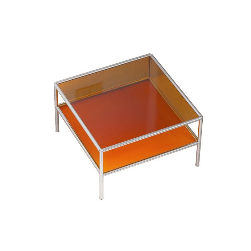 Contemporary Square Coffee Table with Shelf and Glass Top and Steel 4 Legs