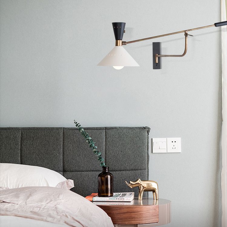 Nordic Swing Arm Wall Light Metal Conical Shade Wall Sconce for Living Room