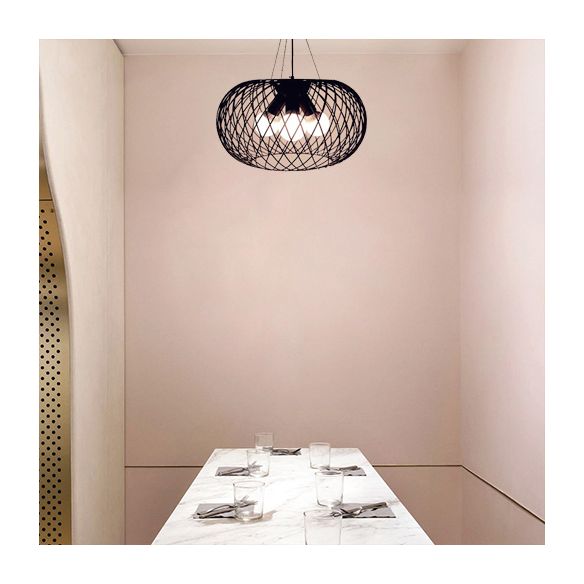 3 Heads Mesh Cage Chandelier Lighting with Drum Shade Industrial Style Black Metal Hanging Lamp