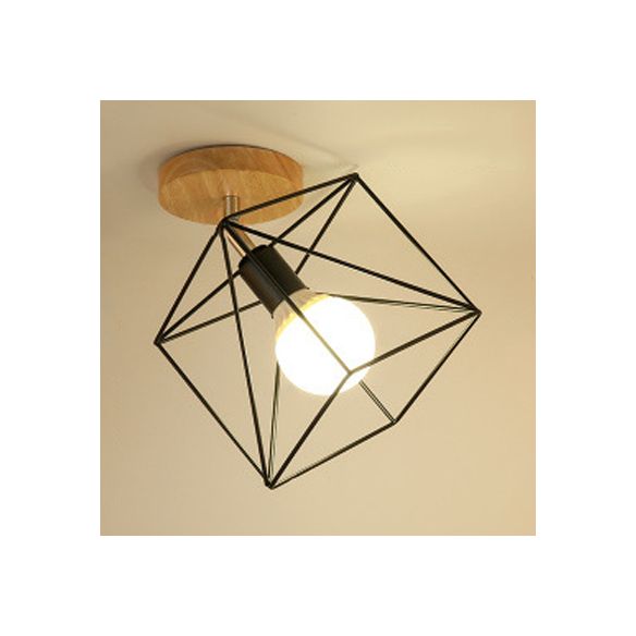 1 Light Adjustable Squared/Globe Ceiling Mounted Light with Cage Shade Industrial Black Metal Semi Flush Light for Corridor