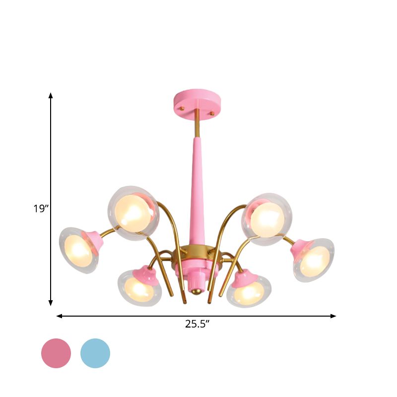 Drooping Hanging Chandelier Macaron Metal 6 Bulbs Kids Bedroom Ceiling Pendant in Pink/Blue with Double Ball Glass Shade