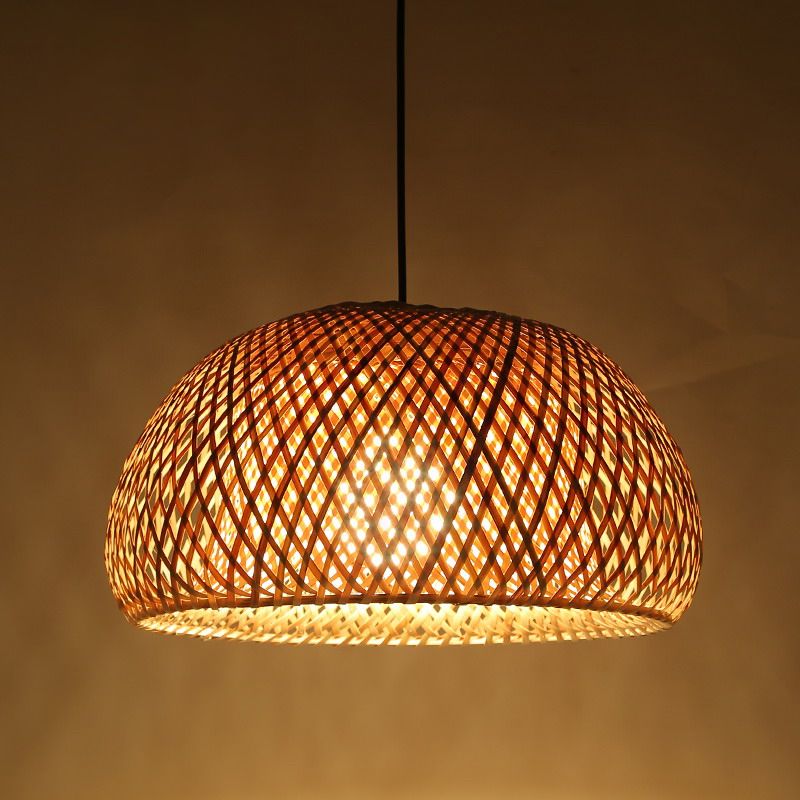 Dual Dome Shade Bamboo Hanging Light Asia 12"/15" Wide 1 Head Beige Pendant Lamp for Parlor
