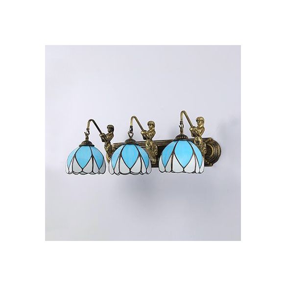 Mediterranean Dome Wall Light Fixture 3 Heads Blue Glass Sconce Lighting with Mermaid Backplate