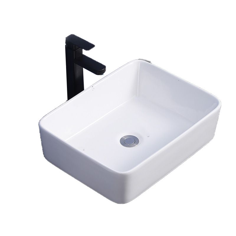 Modern Bathroom Sink Ceramic Rectangular White with Single Faucet Hole Vessel Sink