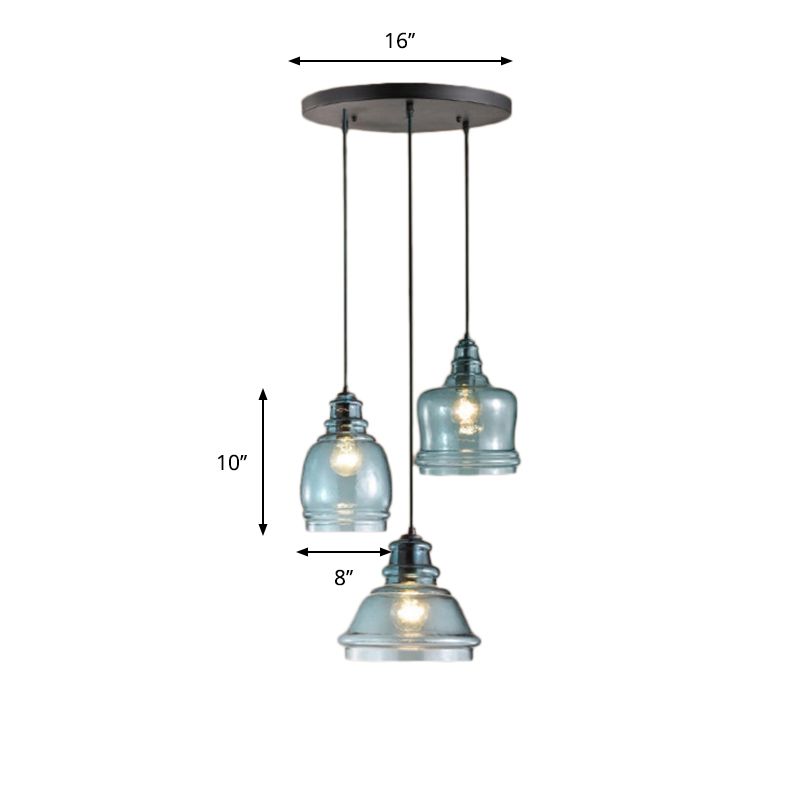 3 Lights Multi Pendant with Different Shade Blue Glass Modern Dining Room Hanging Light Fixture in Black, Round/Linear Canopy