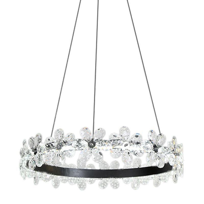 Kit di luce sospesa a cerchio nero a 1/2 livelli Minimalistic Crystal Flower Living Room LED Lampone Illuminazione