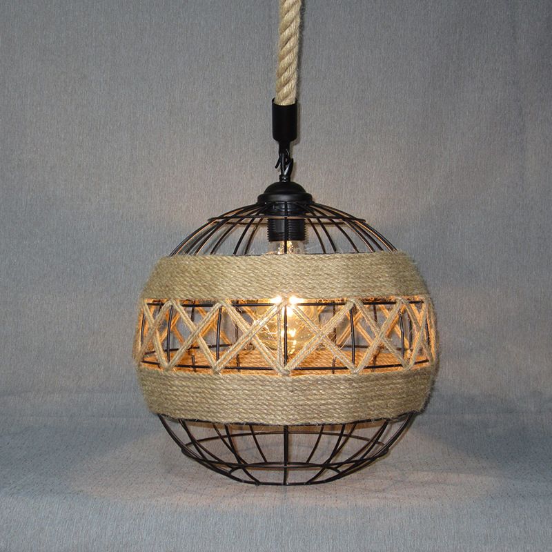 1-Light Iron Plant Hanging Lamp Vintage Beige Globe Restaurant Lighting Pendant with Rope Detail