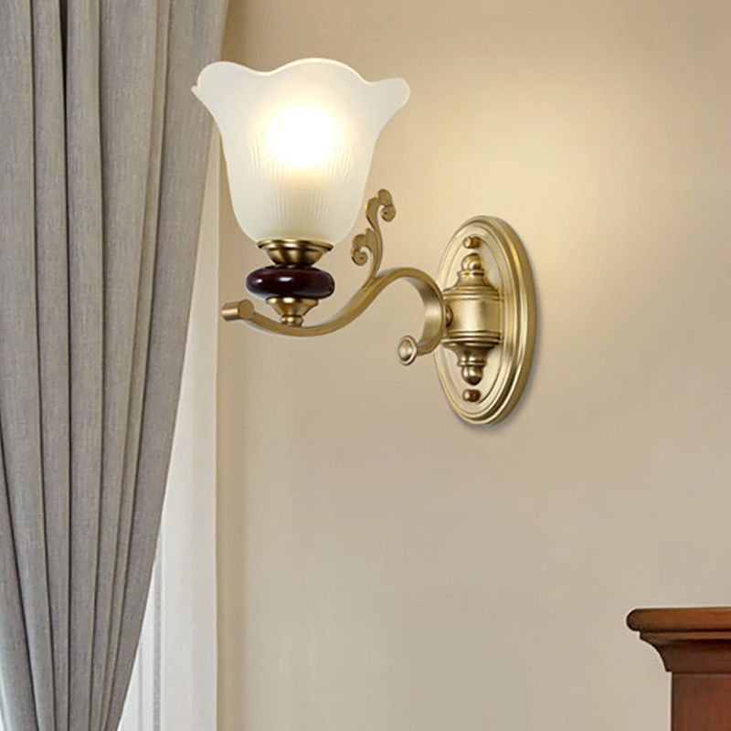 1/2-Bulb Sconce Light Fixture with Petal Shade Frosted Glass Traditional Stylish Bedroom Wall Mounted Light in Gold
