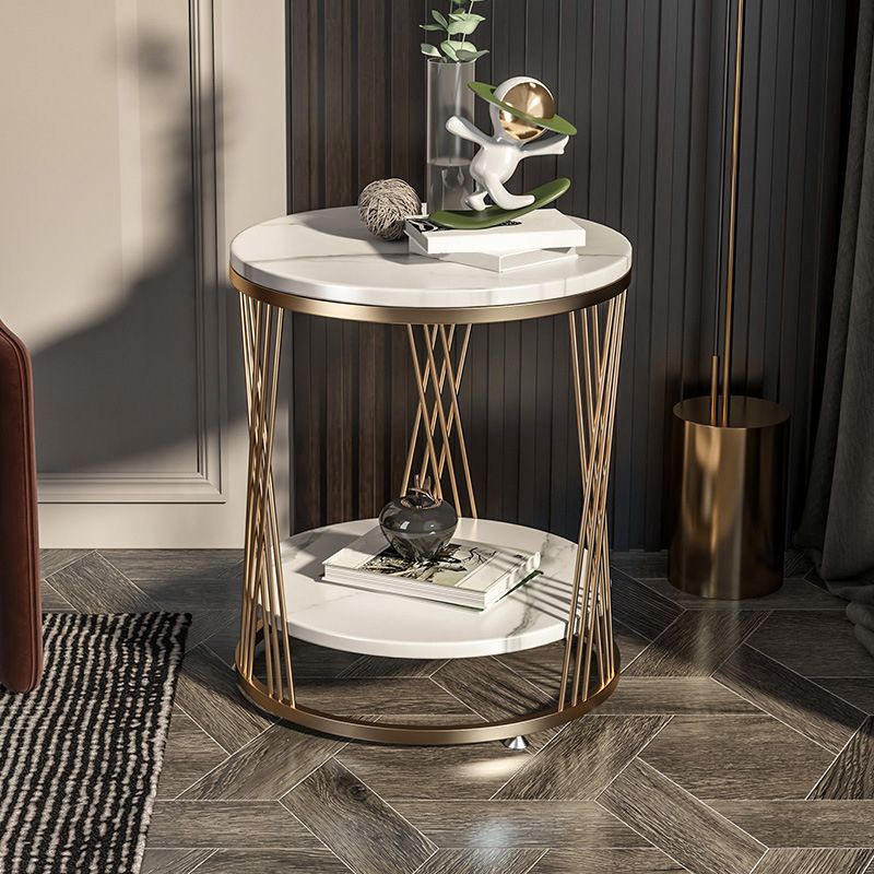 Modernistic Marble Frame with Shelf Round Double Tier Living Room End Table