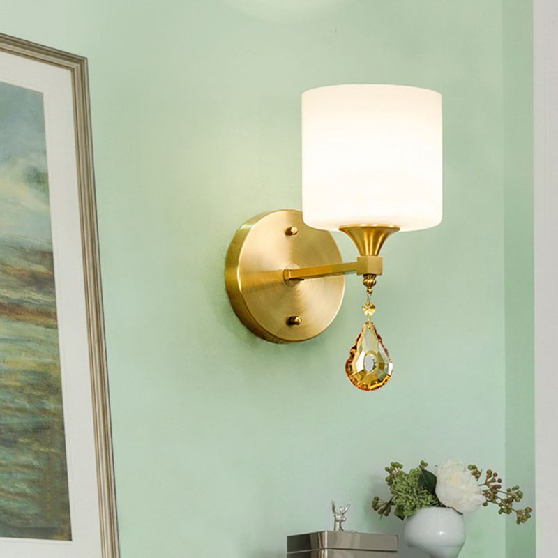 Drum Shade Hallway Wall Sconce Modern Style Milk Glass 1/2-Bulb Brass Finish Wall Lamp with Amber Crystal Draping